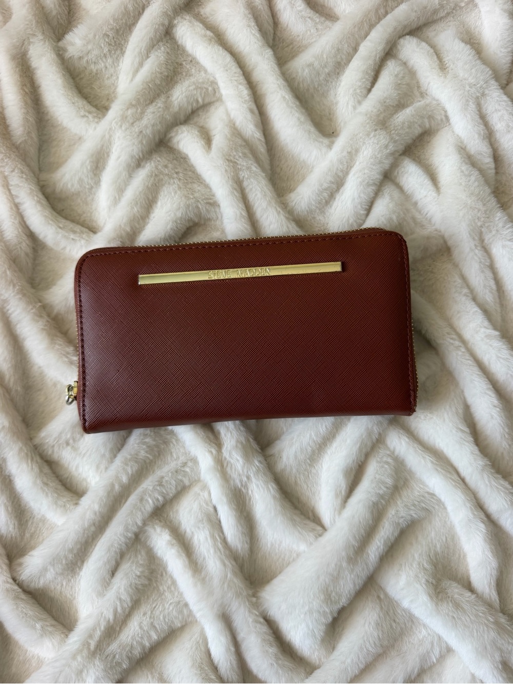 Steve Madden Brown Zip-Around Saffiano Wallet with Gold Bar